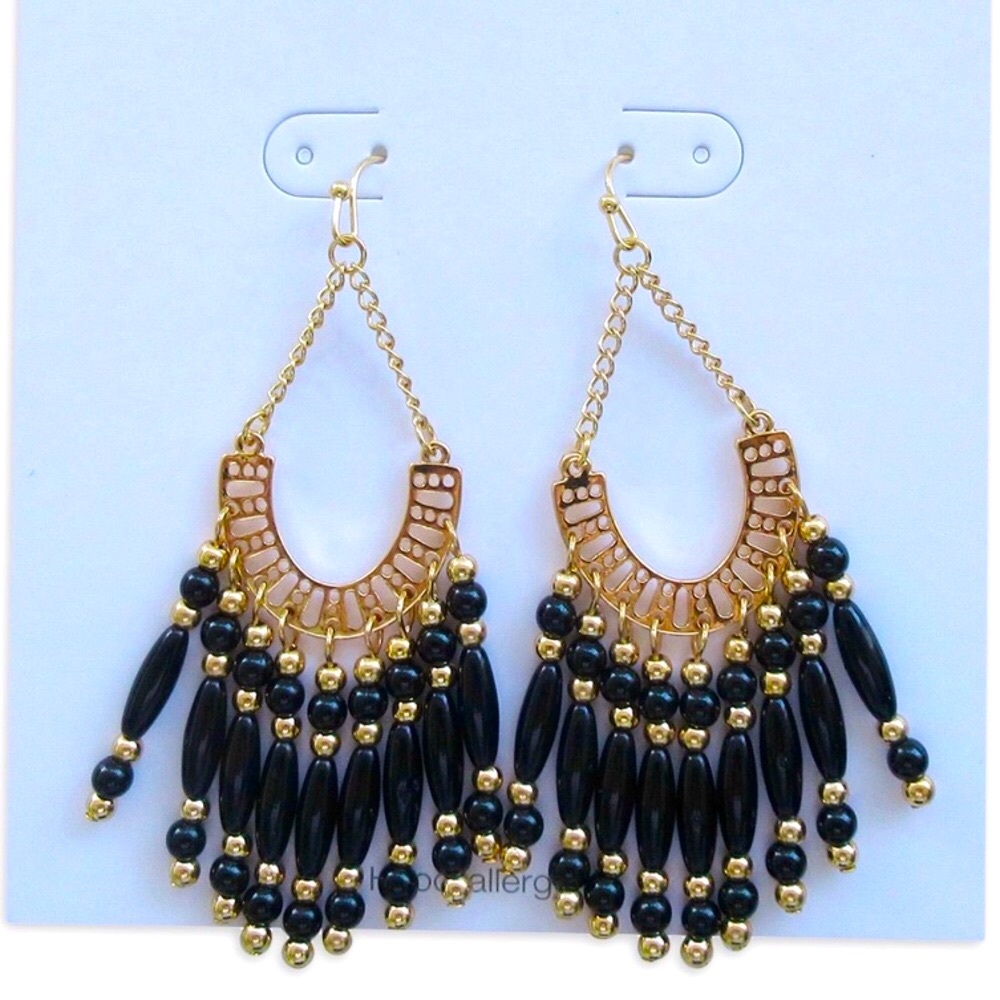 2/$20 Black and Gold Bead Chandelier Earrings